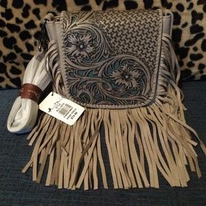 Montana West Genuine Leather Floral Tooled Fringe Crossbody